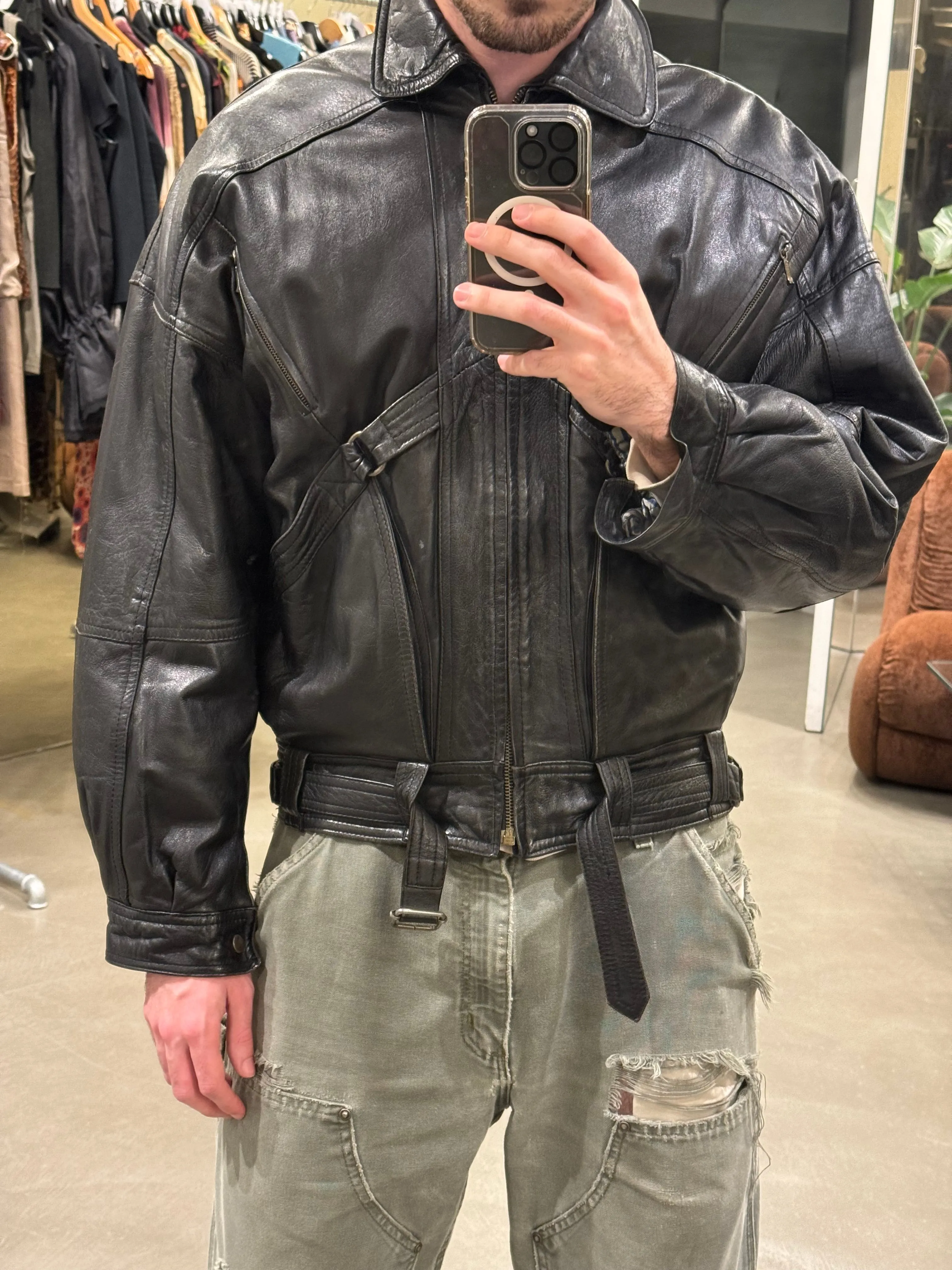 1980s GIANNI Versace bondage leather bomber jacket