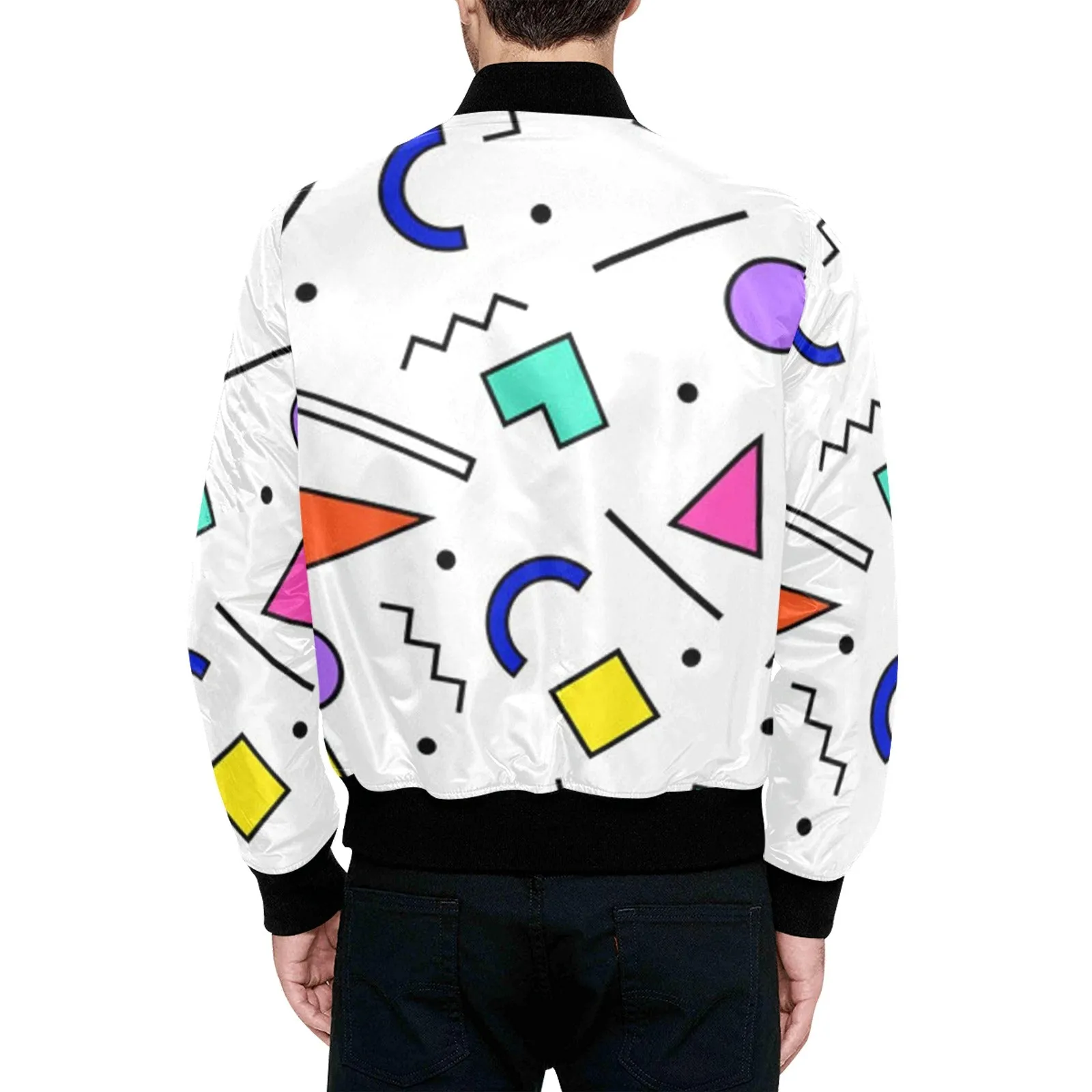 90s White Design Pattern Men's All Over Print Quilted Bomber Jacket