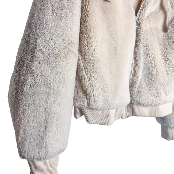 ATHLETA Ritual Faux Fur Bomber Hoodie Jacket Abalone Grey Sz. XS