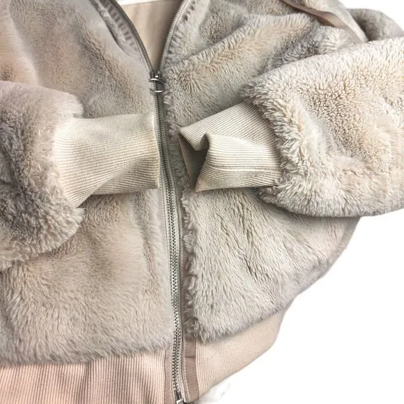 ATHLETA Ritual Faux Fur Bomber Hoodie Jacket Abalone Grey Sz. XS