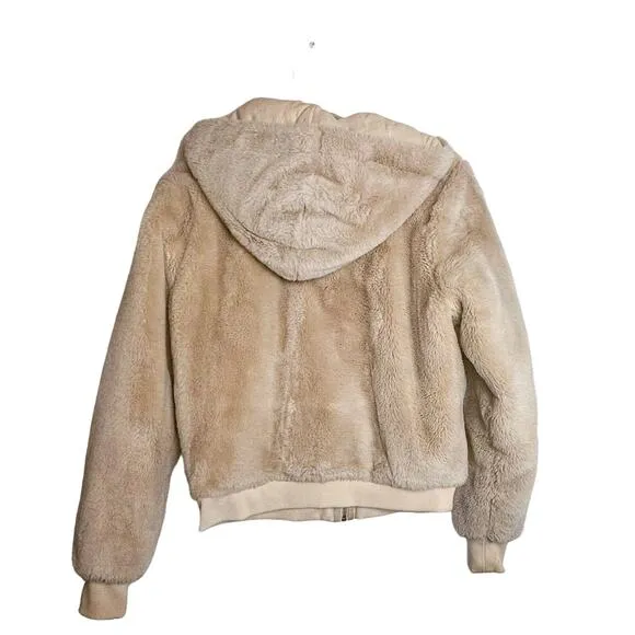 ATHLETA Ritual Faux Fur Bomber Hoodie Jacket Abalone Grey Sz. XS