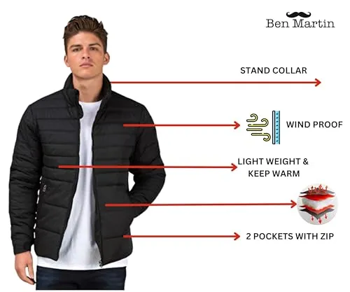 Ben Martin Men's Regular Fit Full Sleeve Stand Collar Black Nylon Quilted Bomber Jacket Size Large