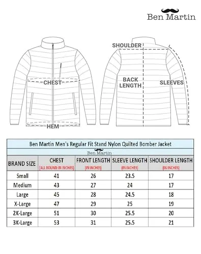 Ben Martin Men's Regular Fit Full Sleeve Stand Collar Black Nylon Quilted Bomber Jacket Size Large