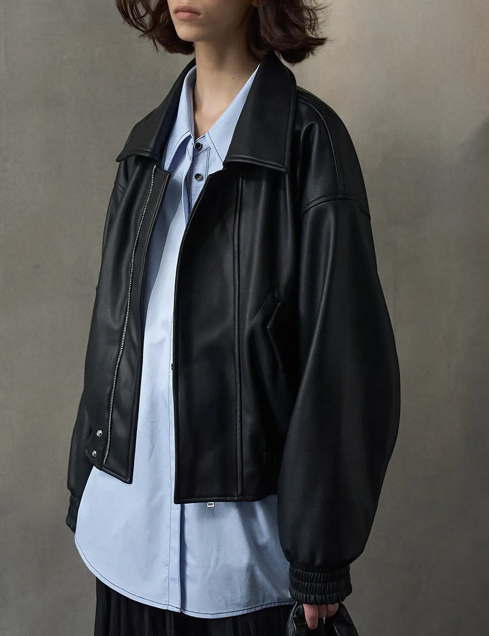 Black Cropped Leather Jacket-PREORDER