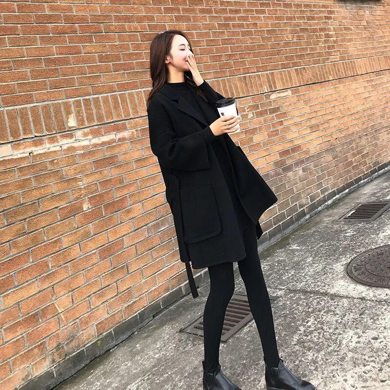 Black Mid-length Women's Children's Woolen Coat In Trendy Fashion Winter Casual Temperament Woolen Coat