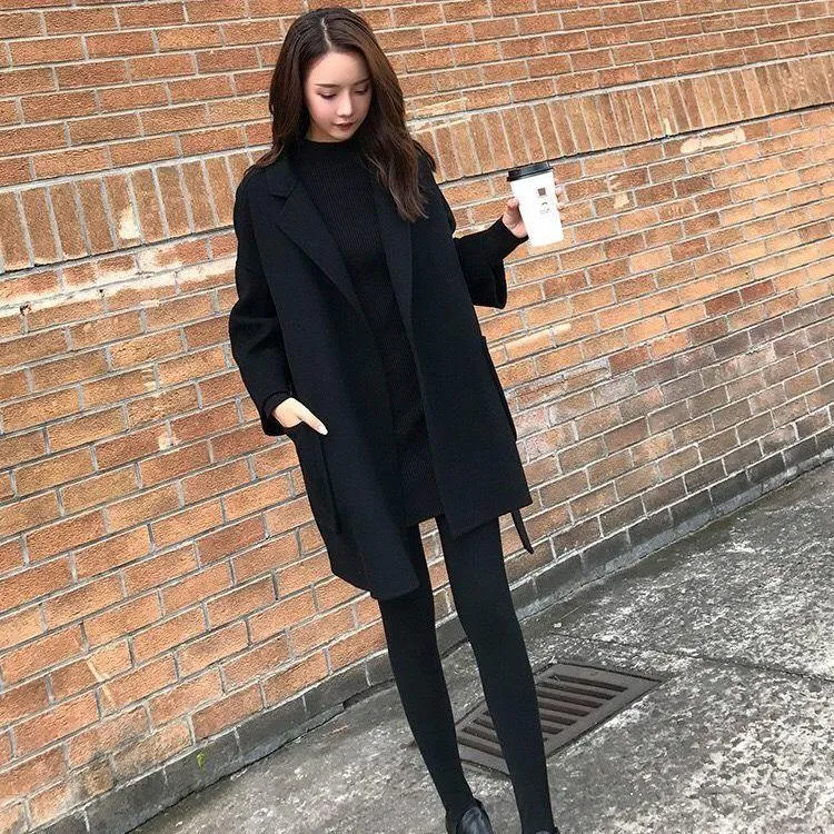 Black Mid-length Women's Children's Woolen Coat In Trendy Fashion Winter Casual Temperament Woolen Coat