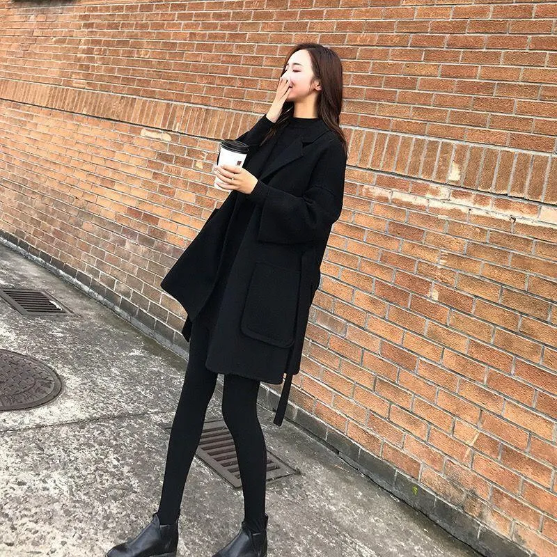 Black Mid-length Women's Children's Woolen Coat In Trendy Fashion Winter Casual Temperament Woolen Coat