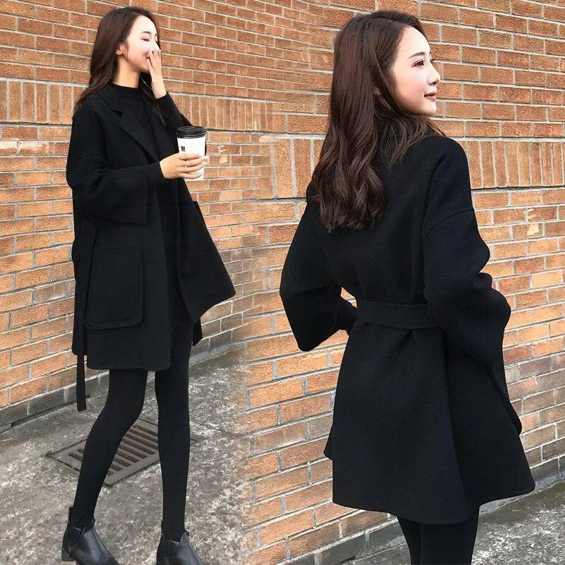 Black Mid-length Women's Children's Woolen Coat In Trendy Fashion Winter Casual Temperament Woolen Coat