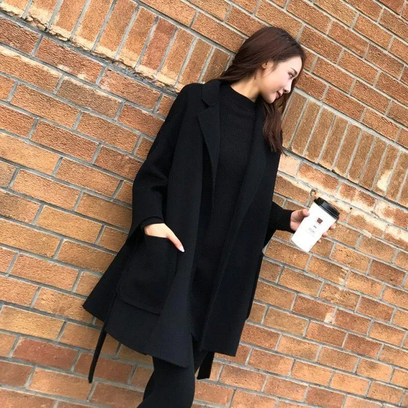 Black Mid-length Women's Children's Woolen Coat In Trendy Fashion Winter Casual Temperament Woolen Coat