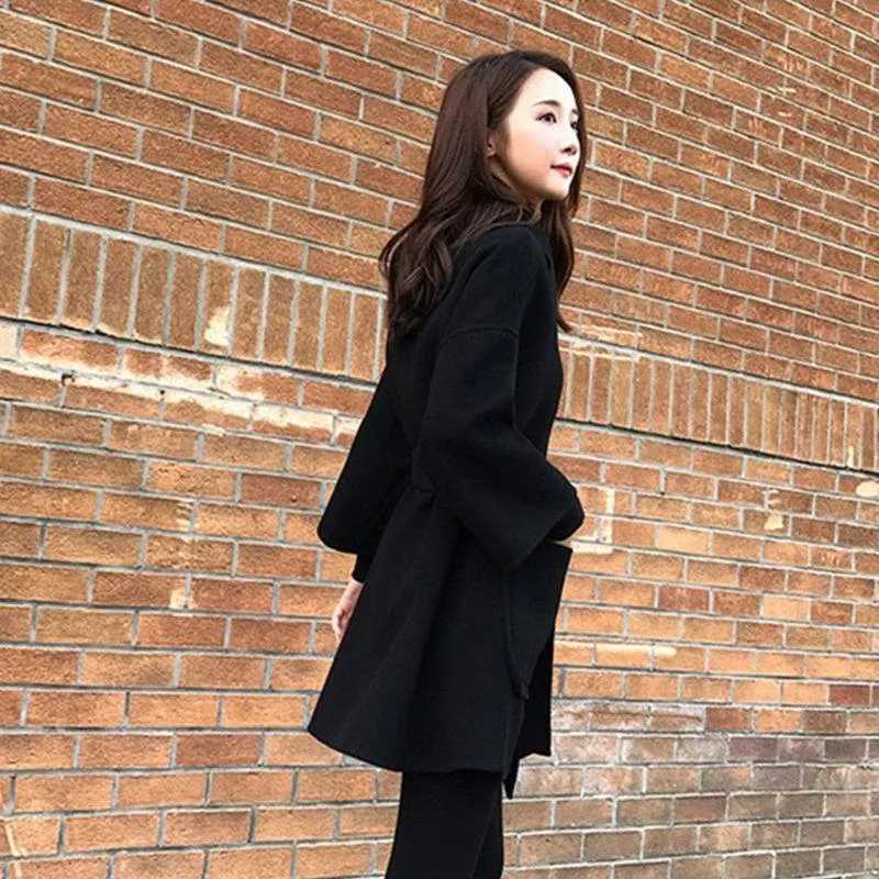 Black Mid-length Women's Children's Woolen Coat In Trendy Fashion Winter Casual Temperament Woolen Coat