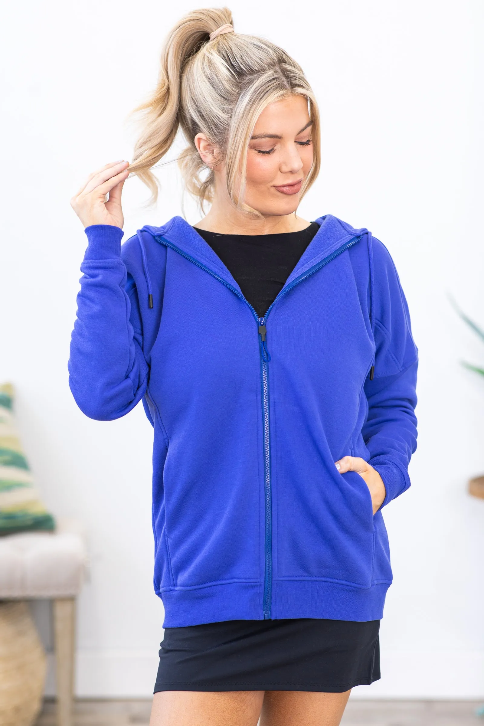 Blue Long Fleece Lined Full Zip Hoodie