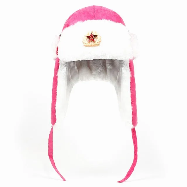 Bonnet chapeau / Armée soviétique Badge militaire Russie / Bomber Chapeaux Pilote Trappeur Aviator Cap Hiver Faux Lapin Fourrure / Casquettes de Neige