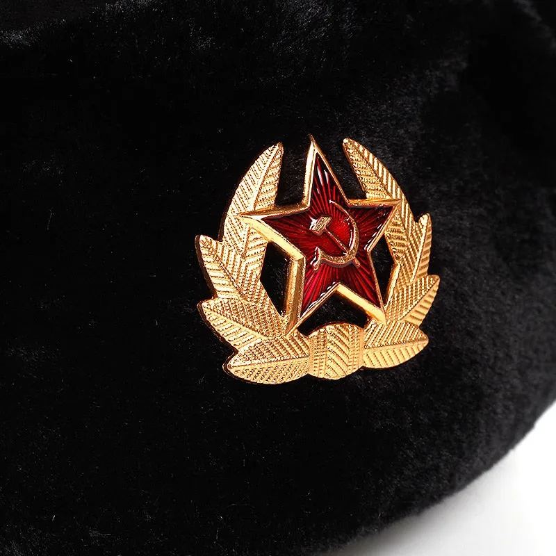 Bonnet chapeau / Armée soviétique Badge militaire Russie / Bomber Chapeaux Pilote Trappeur Aviator Cap Hiver Faux Lapin Fourrure / Casquettes de Neige