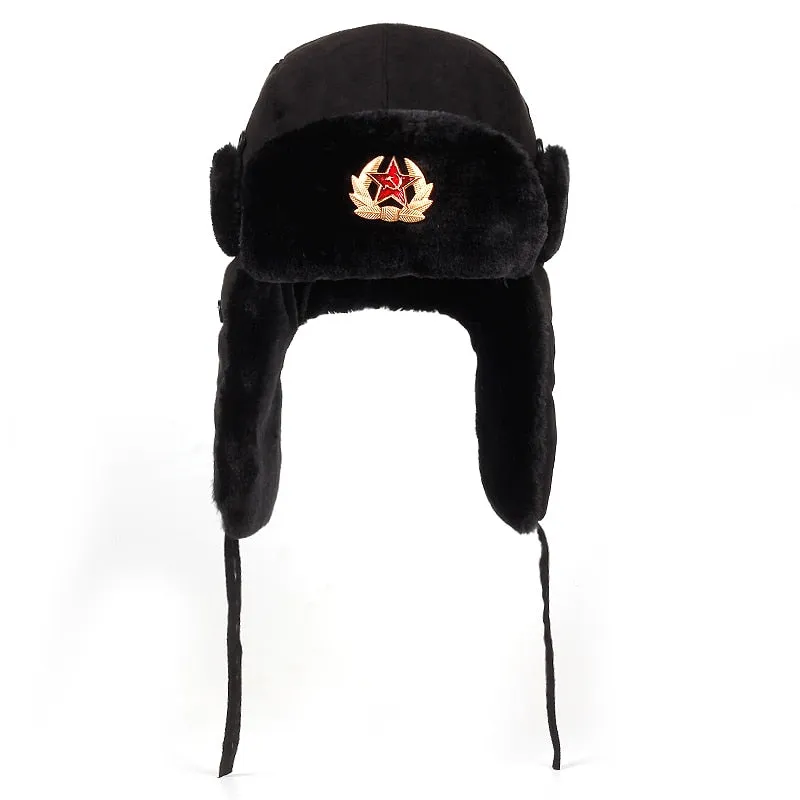 Bonnet chapeau / Armée soviétique Badge militaire Russie / Bomber Chapeaux Pilote Trappeur Aviator Cap Hiver Faux Lapin Fourrure / Casquettes de Neige