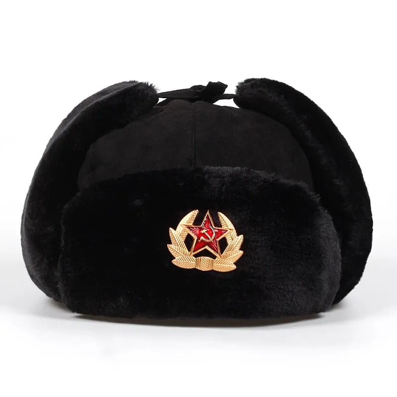 Bonnet chapeau / Armée soviétique Badge militaire Russie / Bomber Chapeaux Pilote Trappeur Aviator Cap Hiver Faux Lapin Fourrure / Casquettes de Neige
