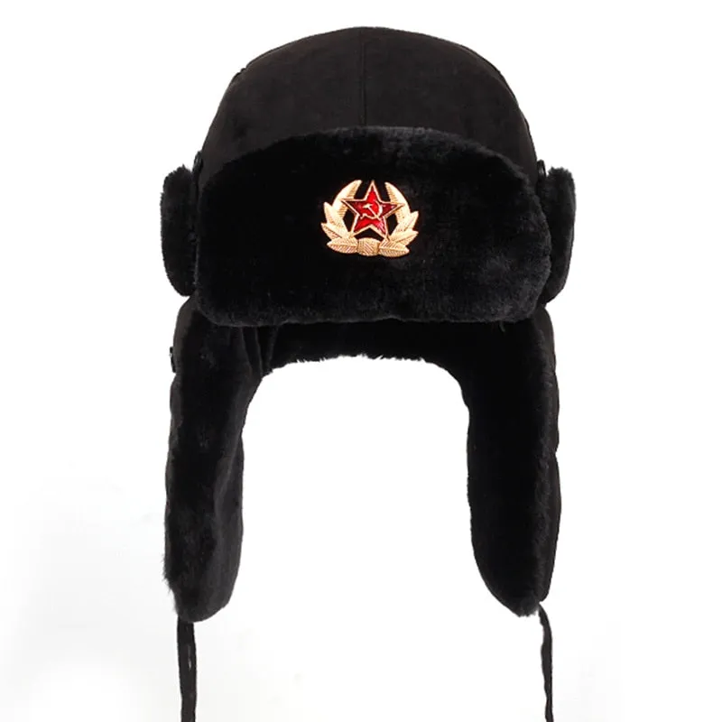Bonnet chapeau / Armée soviétique Badge militaire Russie / Bomber Chapeaux Pilote Trappeur Aviator Cap Hiver Faux Lapin Fourrure / Casquettes de Neige