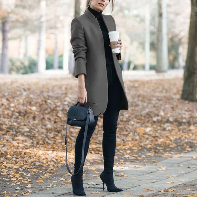 Brazen Solid Color Stand Up Collar Ladies Woolen Overcoat