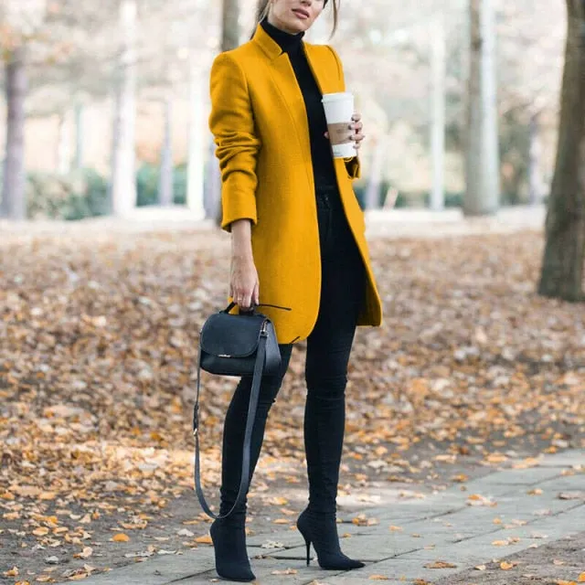 Brazen Solid Color Stand Up Collar Ladies Woolen Overcoat