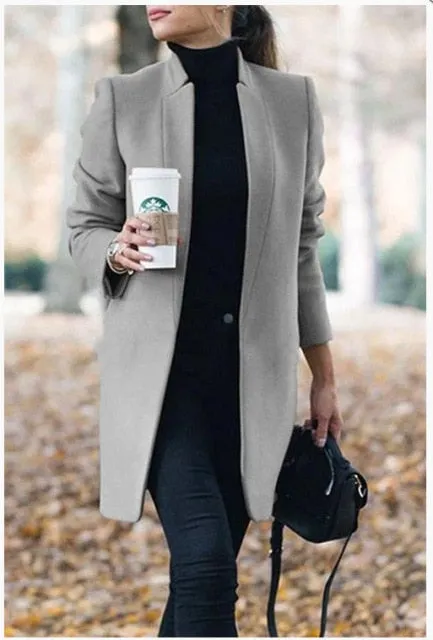 Brazen Solid Color Stand Up Collar Ladies Woolen Overcoat
