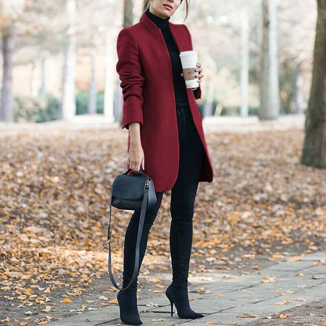 Brazen Solid Color Stand Up Collar Ladies Woolen Overcoat