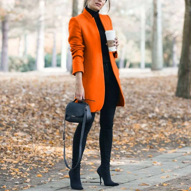 Brazen Solid Color Stand Up Collar Ladies Woolen Overcoat