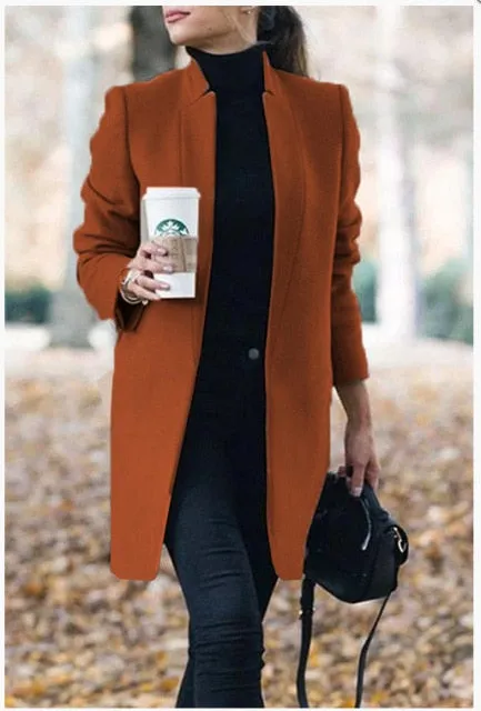 Brazen Solid Color Stand Up Collar Ladies Woolen Overcoat