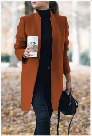 Brazen Solid Color Stand Up Collar Ladies Woolen Overcoat