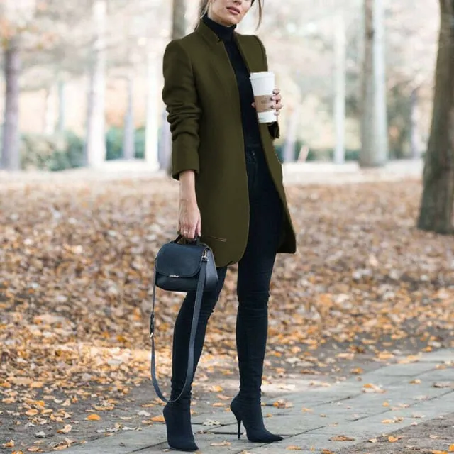 Brazen Solid Color Stand Up Collar Ladies Woolen Overcoat