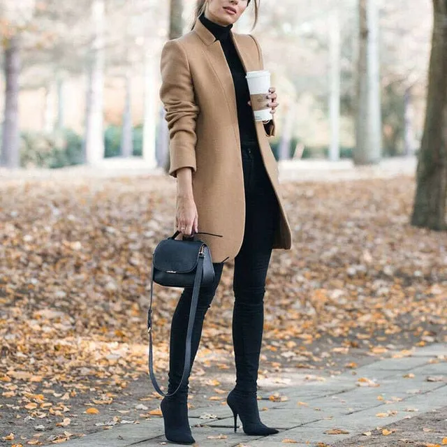 Brazen Solid Color Stand Up Collar Ladies Woolen Overcoat