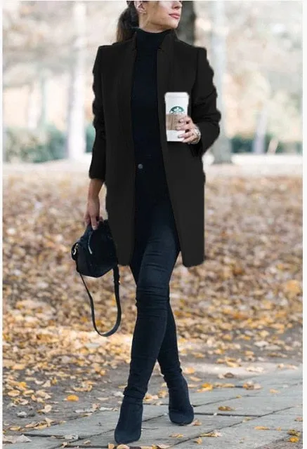 Brazen Solid Color Stand Up Collar Ladies Woolen Overcoat