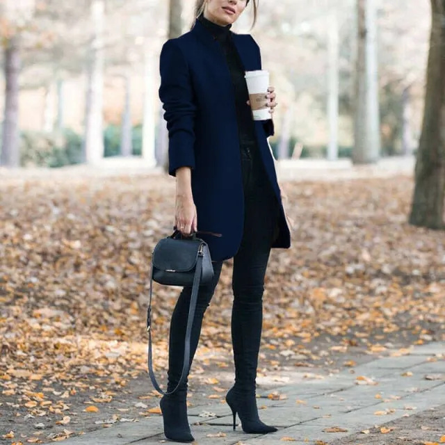 Brazen Solid Color Stand Up Collar Ladies Woolen Overcoat