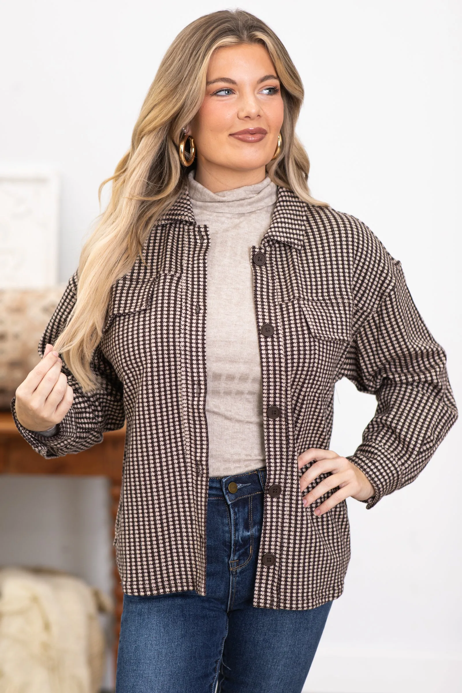 Brown and Tan Checkerboard Print Jacket
