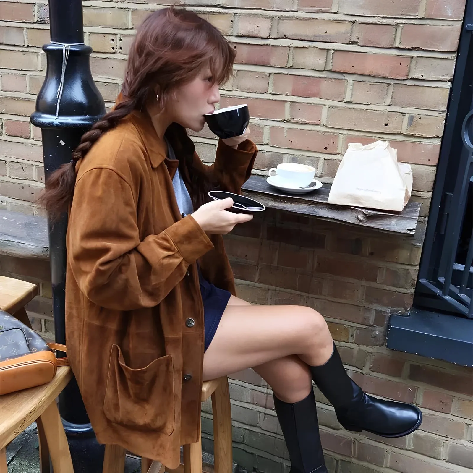 Brown Single Breasted Faux Leather Coat