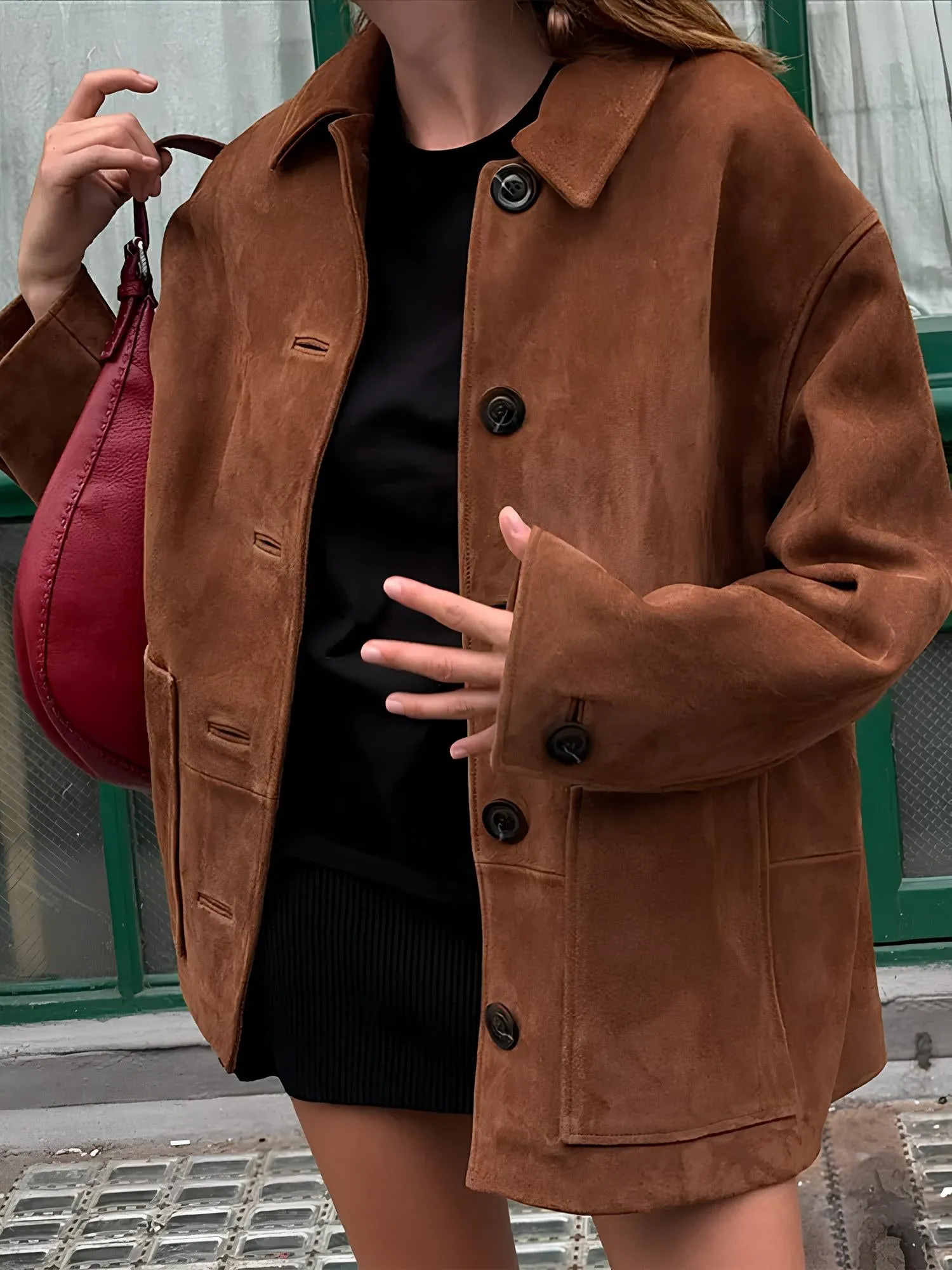 Brown Single Breasted Faux Leather Coat