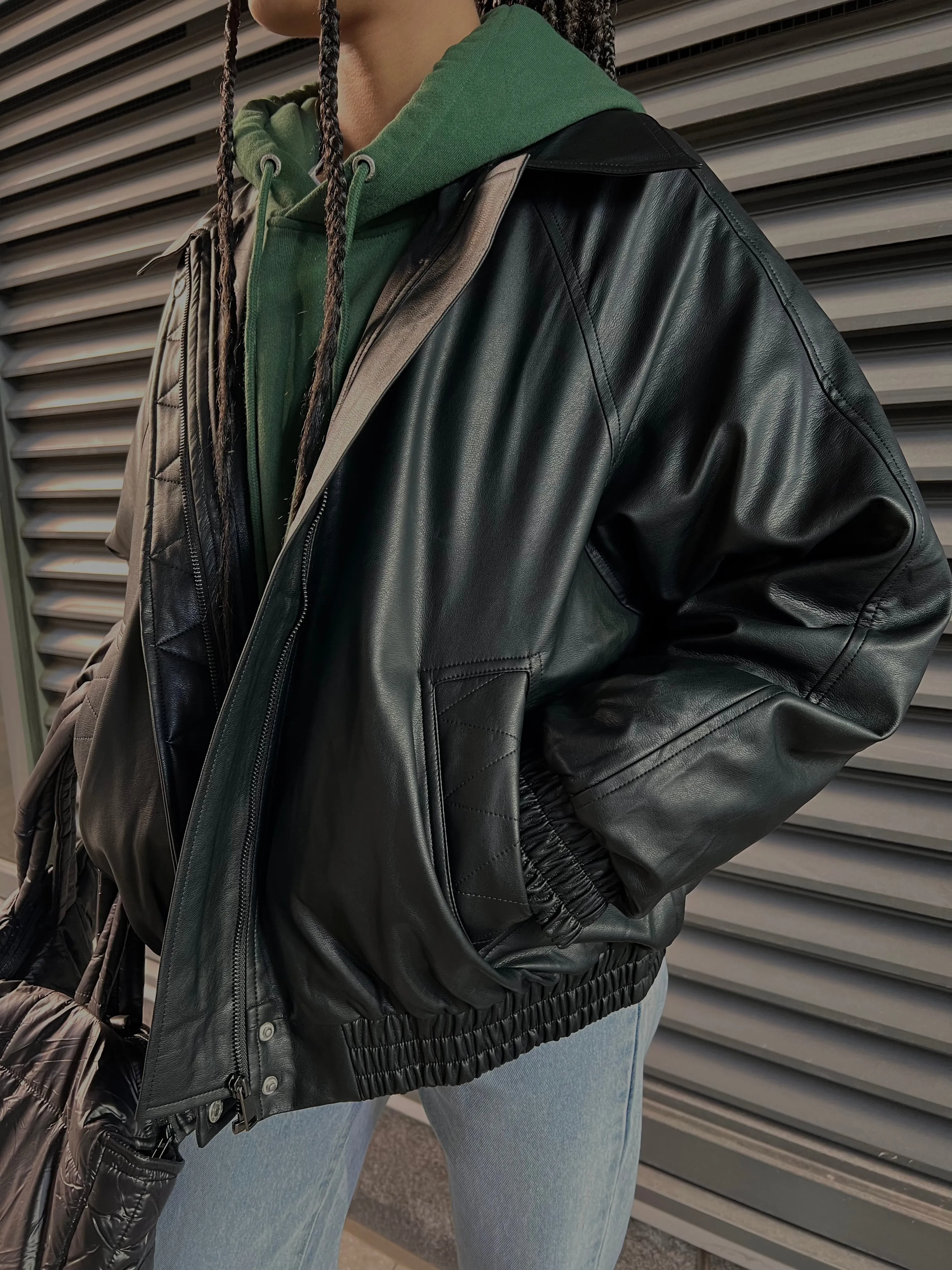 BRUNETTE THE LABEL Christine Oversized Vegan Leather Bomber Jacket