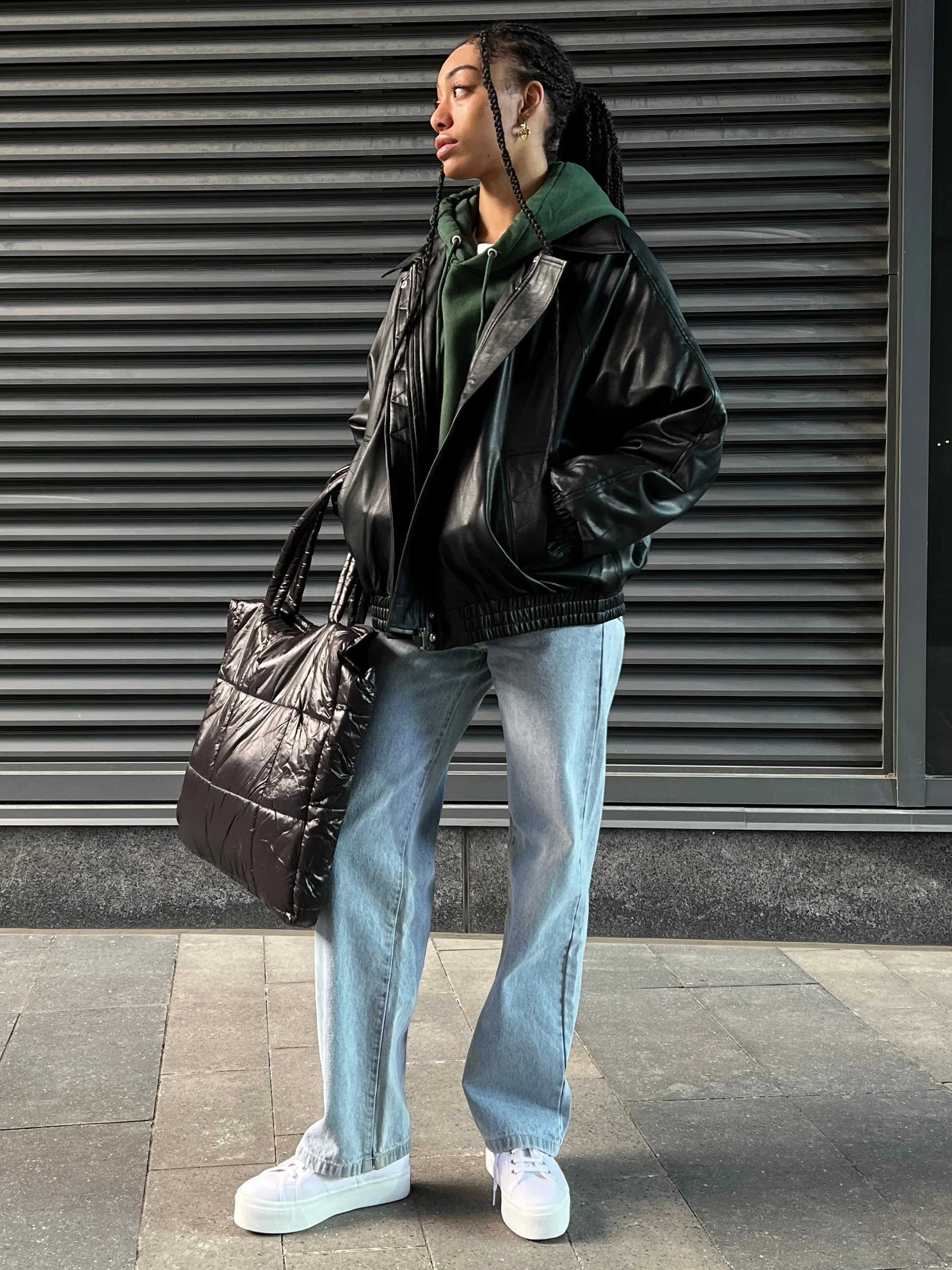 BRUNETTE THE LABEL Christine Oversized Vegan Leather Bomber Jacket