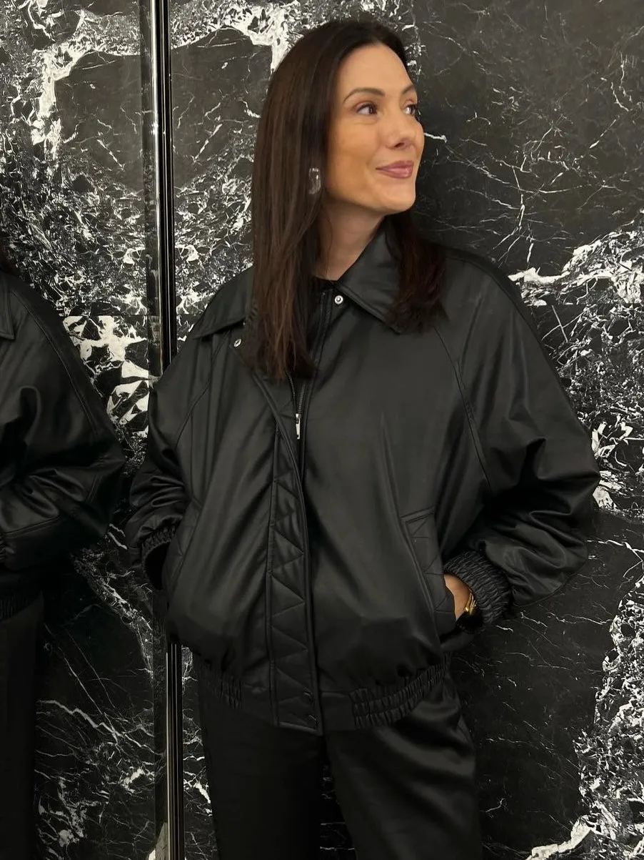 BRUNETTE THE LABEL Christine Oversized Vegan Leather Bomber Jacket