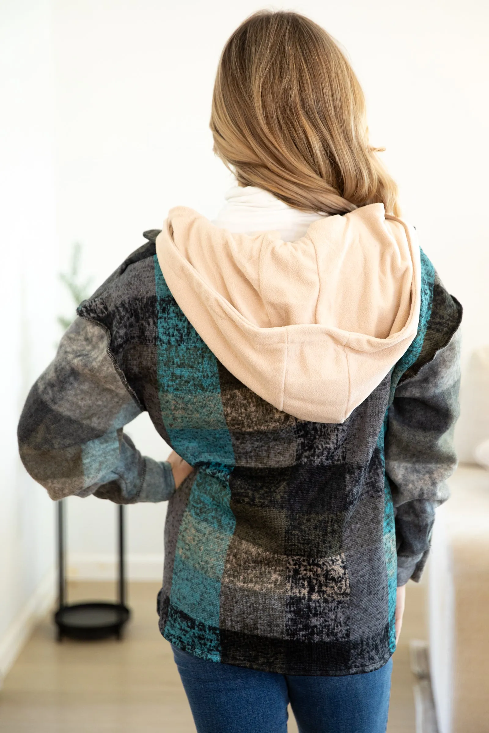 Charcoal and Aqua Plaid Jacket With Knit Hood