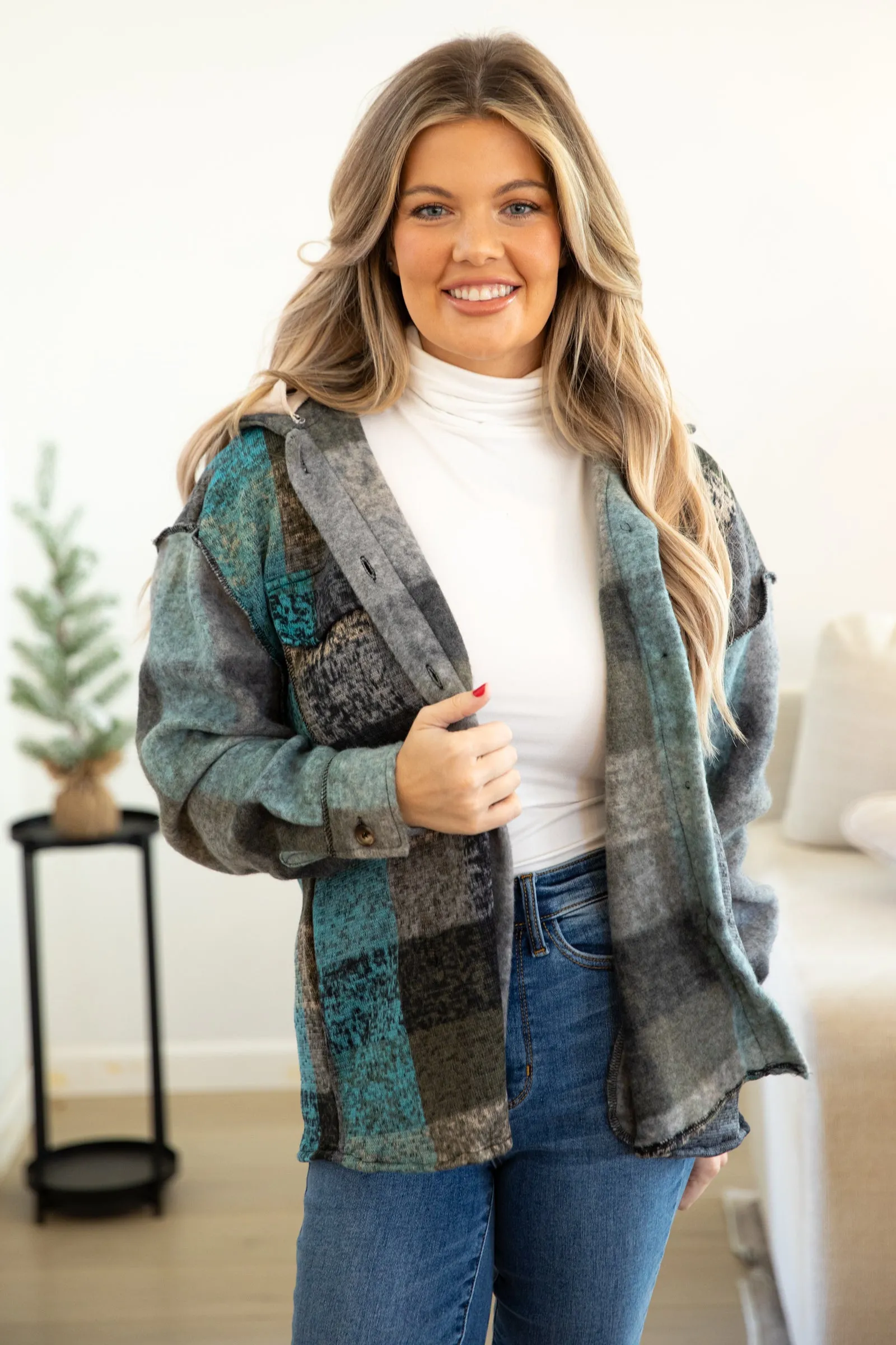 Charcoal and Aqua Plaid Jacket With Knit Hood