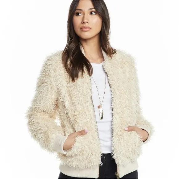 Chaser Faux Lamby Bomber Jacket in Cream