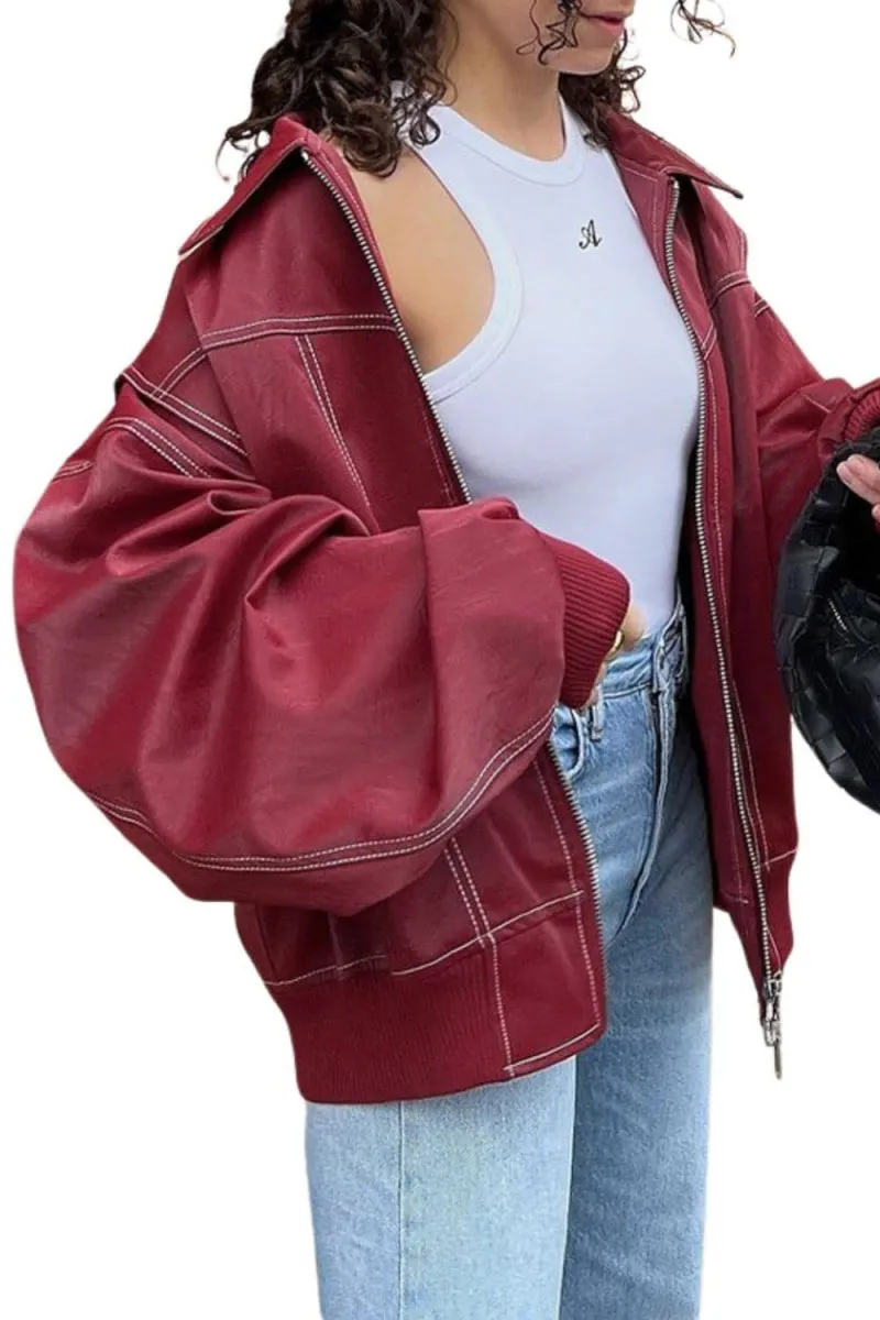Chouyatou Women's Faux Leather Motorcycle Jacket Oversized Zip Up Winter Coat Outerwear 2024 Fall Fashion Clothes