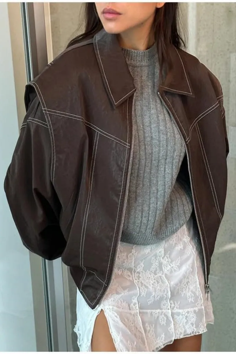 Chouyatou Women's Faux Leather Motorcycle Jacket Oversized Zip Up Winter Coat Outerwear 2024 Fall Fashion Clothes