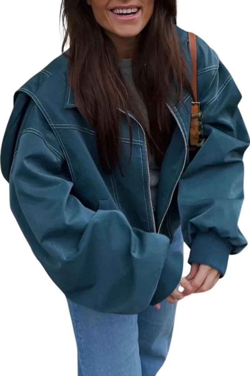 Chouyatou Women's Faux Leather Motorcycle Jacket Oversized Zip Up Winter Coat Outerwear 2024 Fall Fashion Clothes