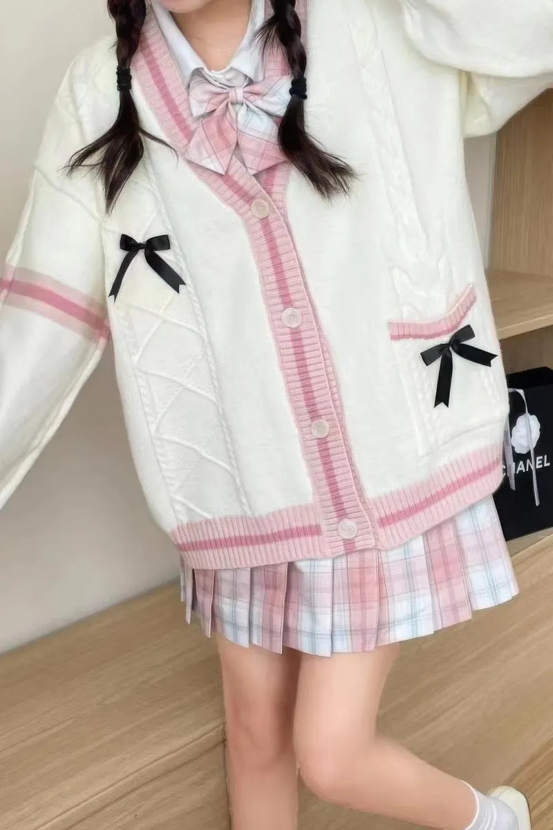 Chouyatou Womens Kawaii Cute Bowknot Cable Knit Cardigans Sheep V Neck Button Down Slouchy Preppy Wool Blend Sweater Coat
