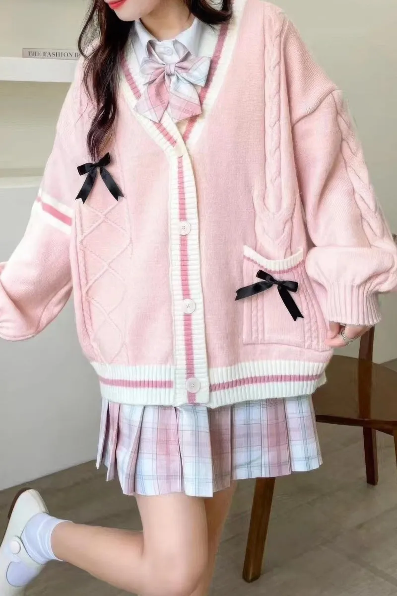 Chouyatou Womens Kawaii Cute Bowknot Cable Knit Cardigans Sheep V Neck Button Down Slouchy Preppy Wool Blend Sweater Coat