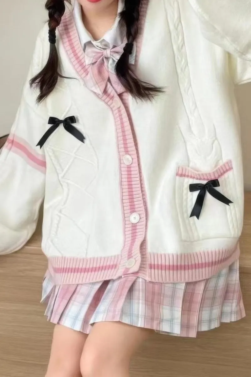 Chouyatou Womens Kawaii Cute Bowknot Cable Knit Cardigans Sheep V Neck Button Down Slouchy Preppy Wool Blend Sweater Coat