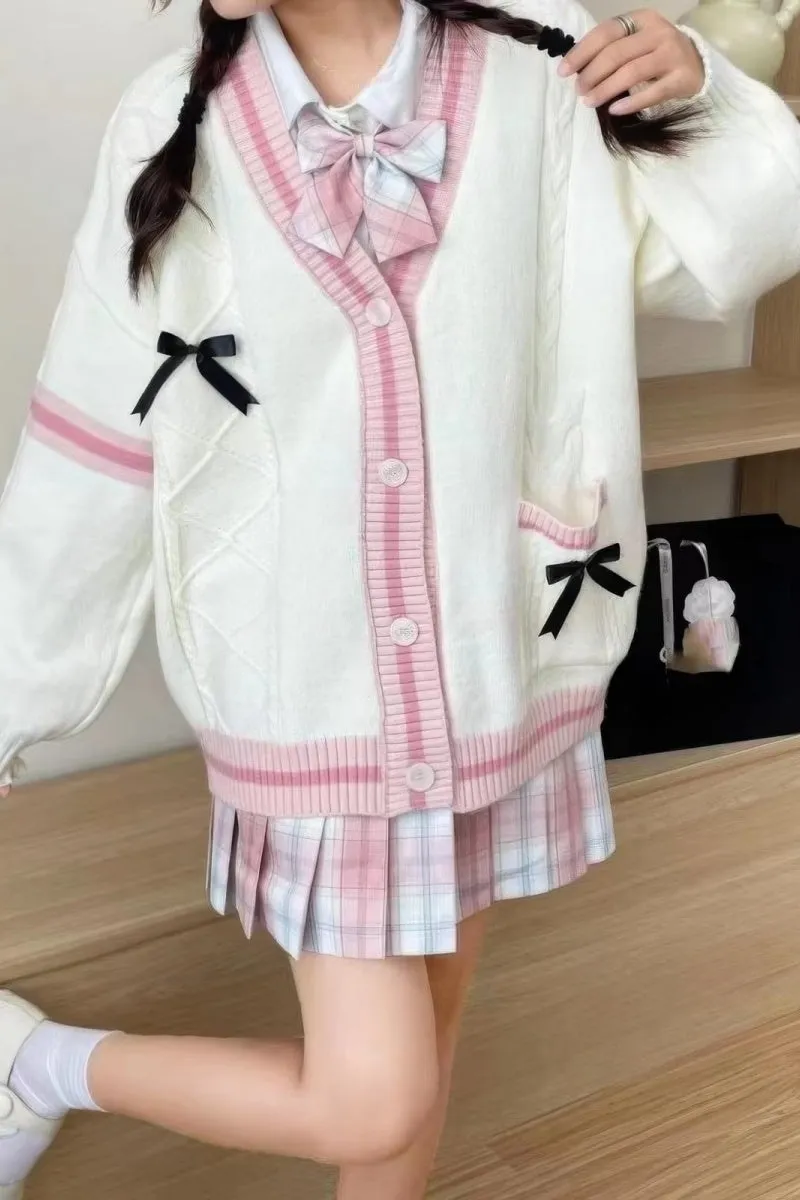 Chouyatou Womens Kawaii Cute Bowknot Cable Knit Cardigans Sheep V Neck Button Down Slouchy Preppy Wool Blend Sweater Coat