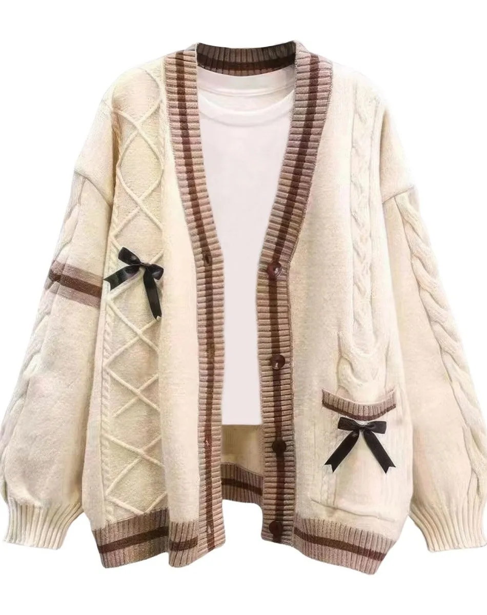 Chouyatou Womens Kawaii Cute Bowknot Cable Knit Cardigans Sheep V Neck Button Down Slouchy Preppy Wool Blend Sweater Coat