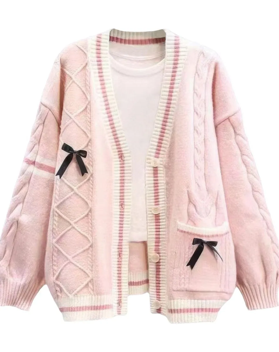Chouyatou Womens Kawaii Cute Bowknot Cable Knit Cardigans Sheep V Neck Button Down Slouchy Preppy Wool Blend Sweater Coat