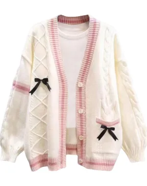 Chouyatou Womens Kawaii Cute Bowknot Cable Knit Cardigans Sheep V Neck Button Down Slouchy Preppy Wool Blend Sweater Coat